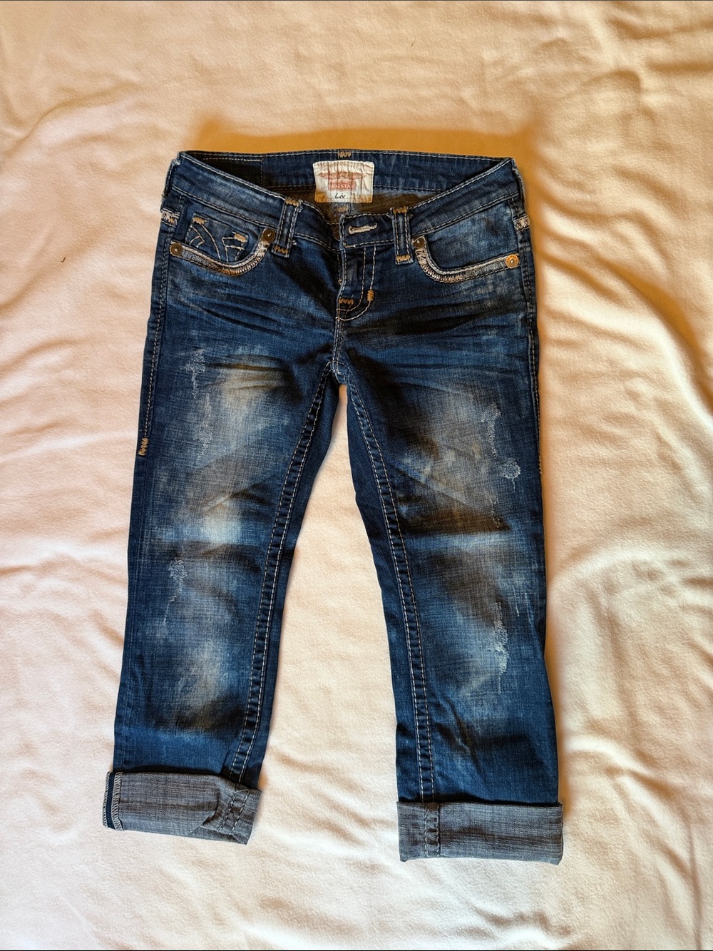 Big Star Women’s Dark Blue Distressed Boyfriend Jean capri